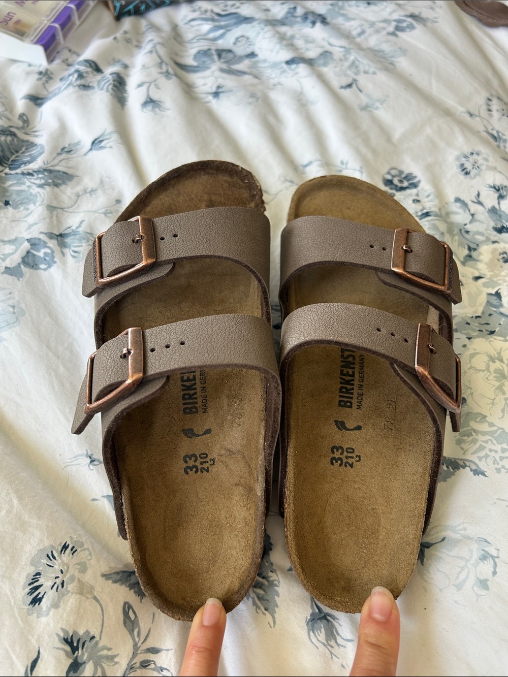 Birkenstock Two-Strap Sandals in Taupe with Copper Buckles